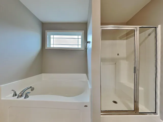 a bathroom with a bathtub and a shower