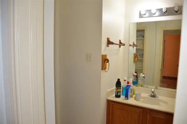 a bathroom with a sink and a mirror