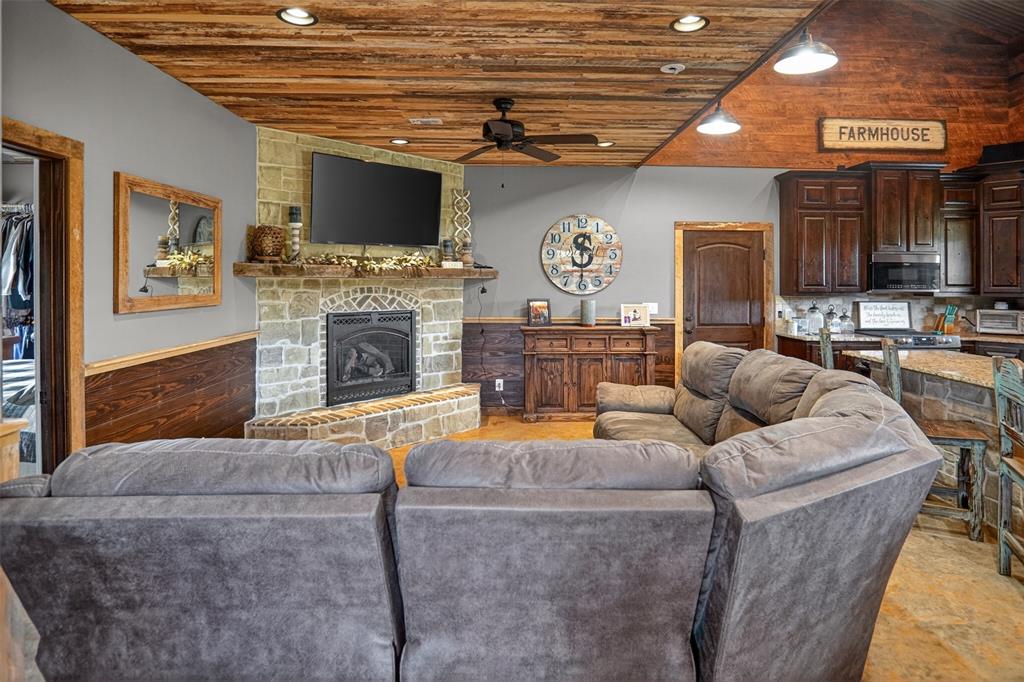 1524 County Road Sumner, TX 75486 - Photo 17 of 35 Living area featuring a stone gas log, fireplace with hearth, wood-finish wainscoting, and a wood-plank ceiling