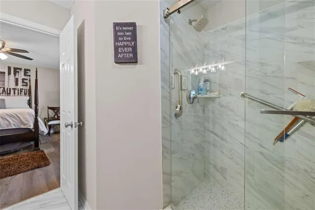 a bathroom with shower