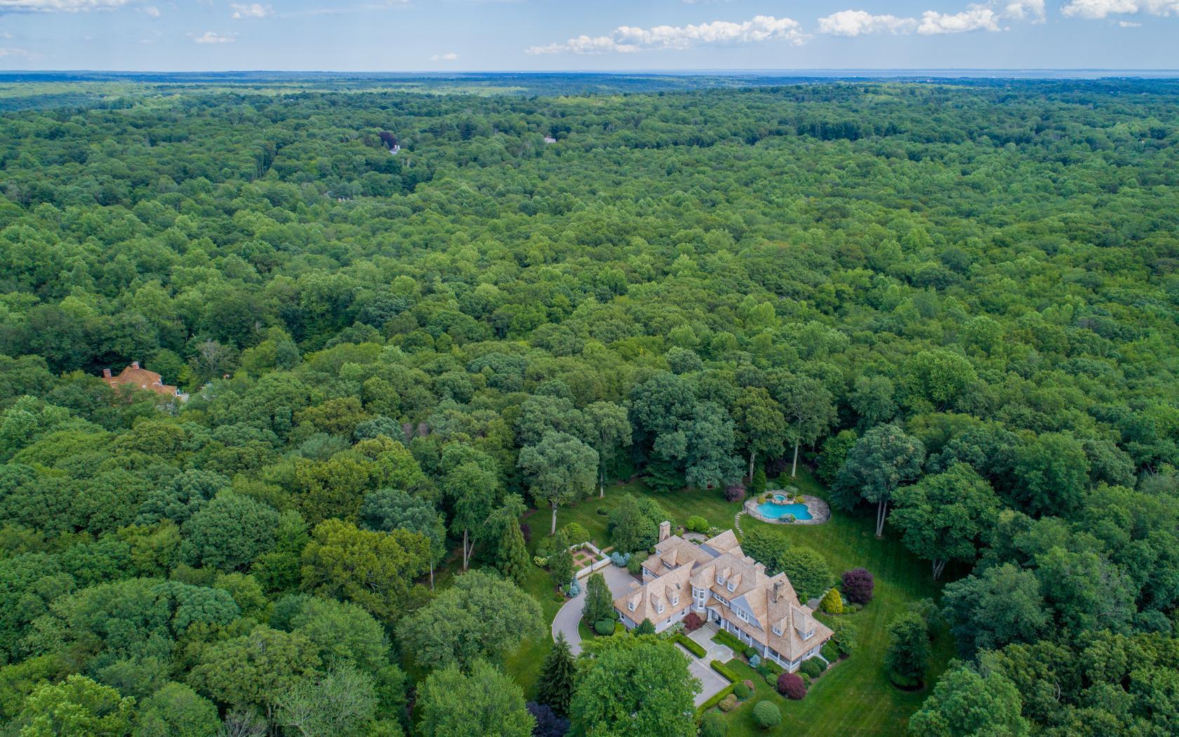 85 Lukes Wood Road New Canaan, CT 06840 - Photo 40 of 40 an aerial view of a house with a yard