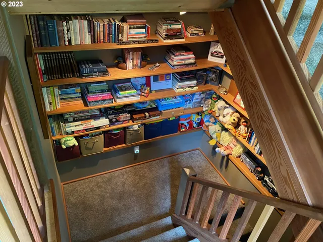 a room with lots of books and baby