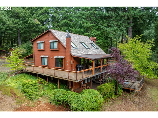 a aerial view of a house with a big yard plants and large trees