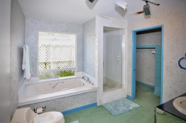 a bathroom with a tub and a shower