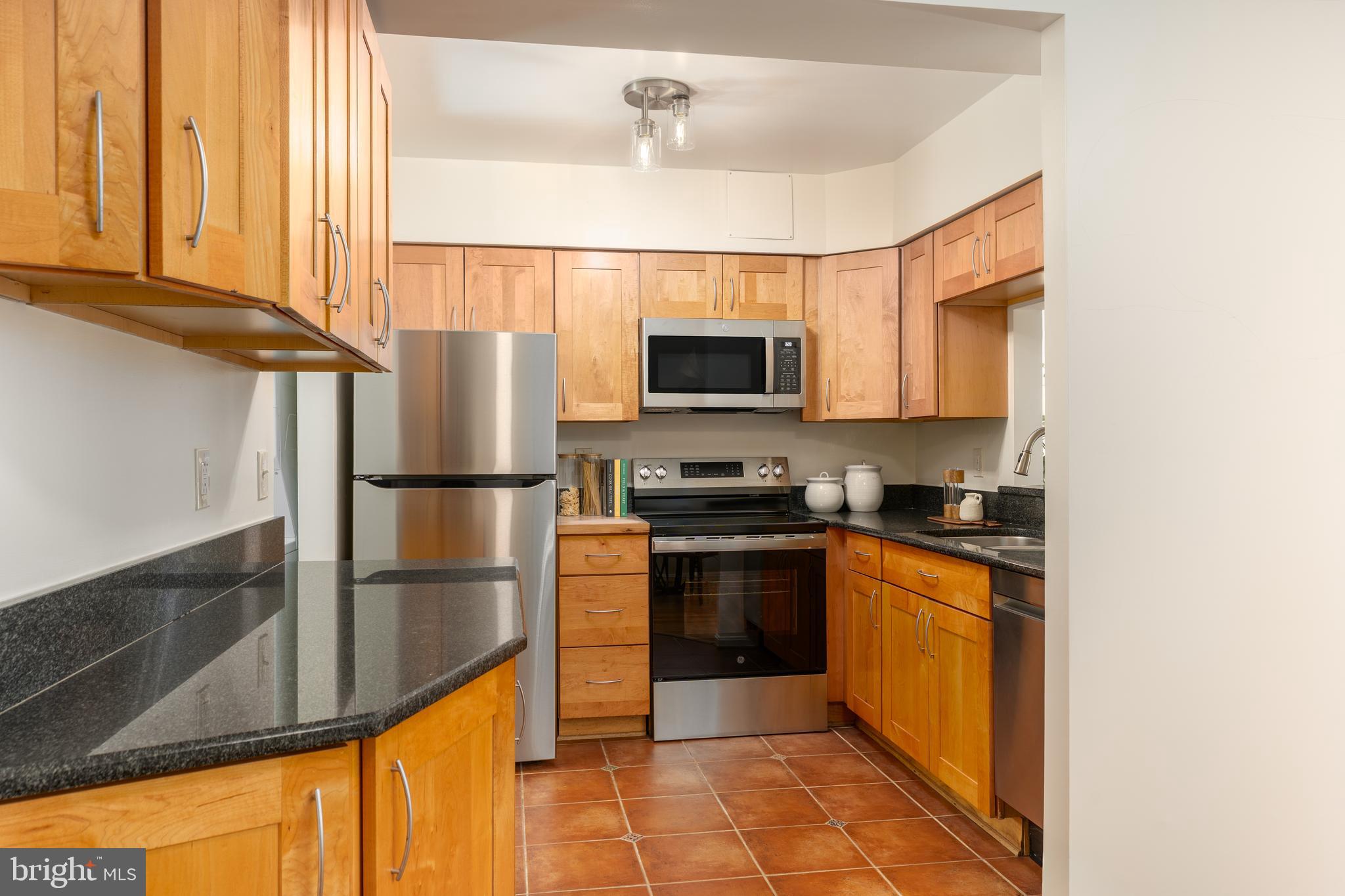 3806 Porter Street Northwest, Unit 101 Washington, DC 20016 - Photo 13 of 31 a kitchen with stainless steel appliances granite countertop a refrigerator a stove top oven a sink and dishwasher