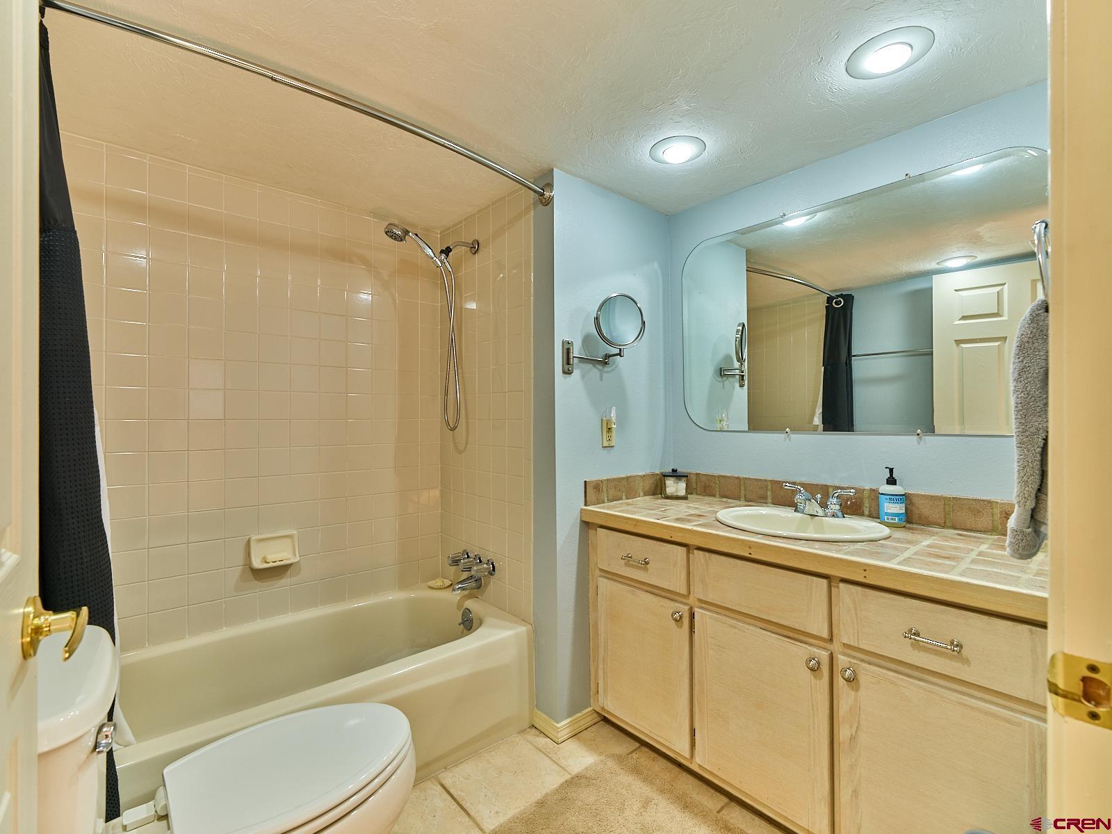 198 Spring Creek Drive Durango, CO 81301 - Photo 20 of 39 a bathroom with a sink a toilet a mirror a bathtub and shower