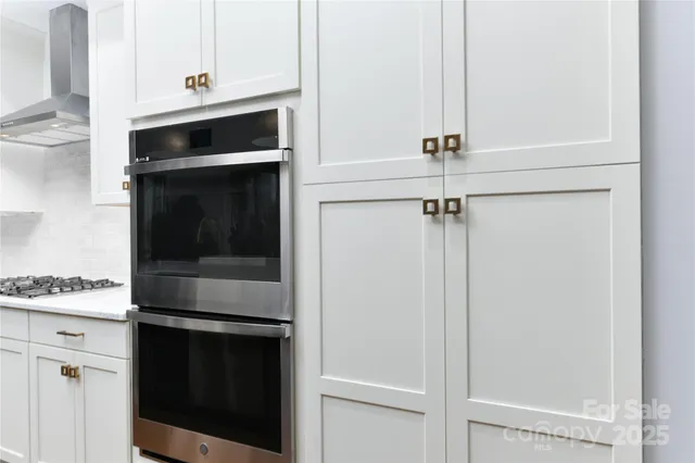 a close view of a stove and a microwave