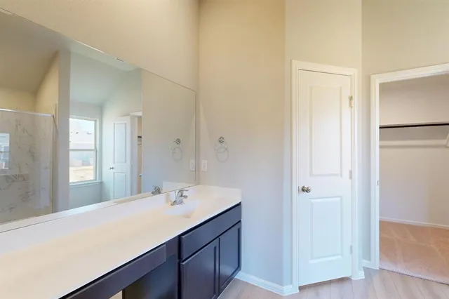 a bathroom with a sink a mirror and a shower
