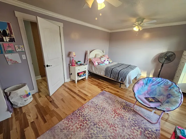 a living room with furniture and a book shelf