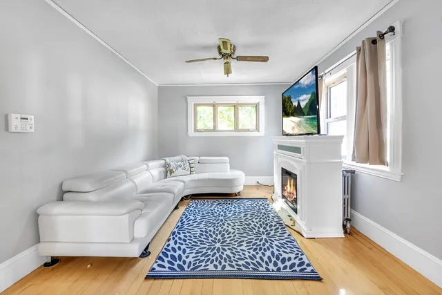 a living room with a couch and a table