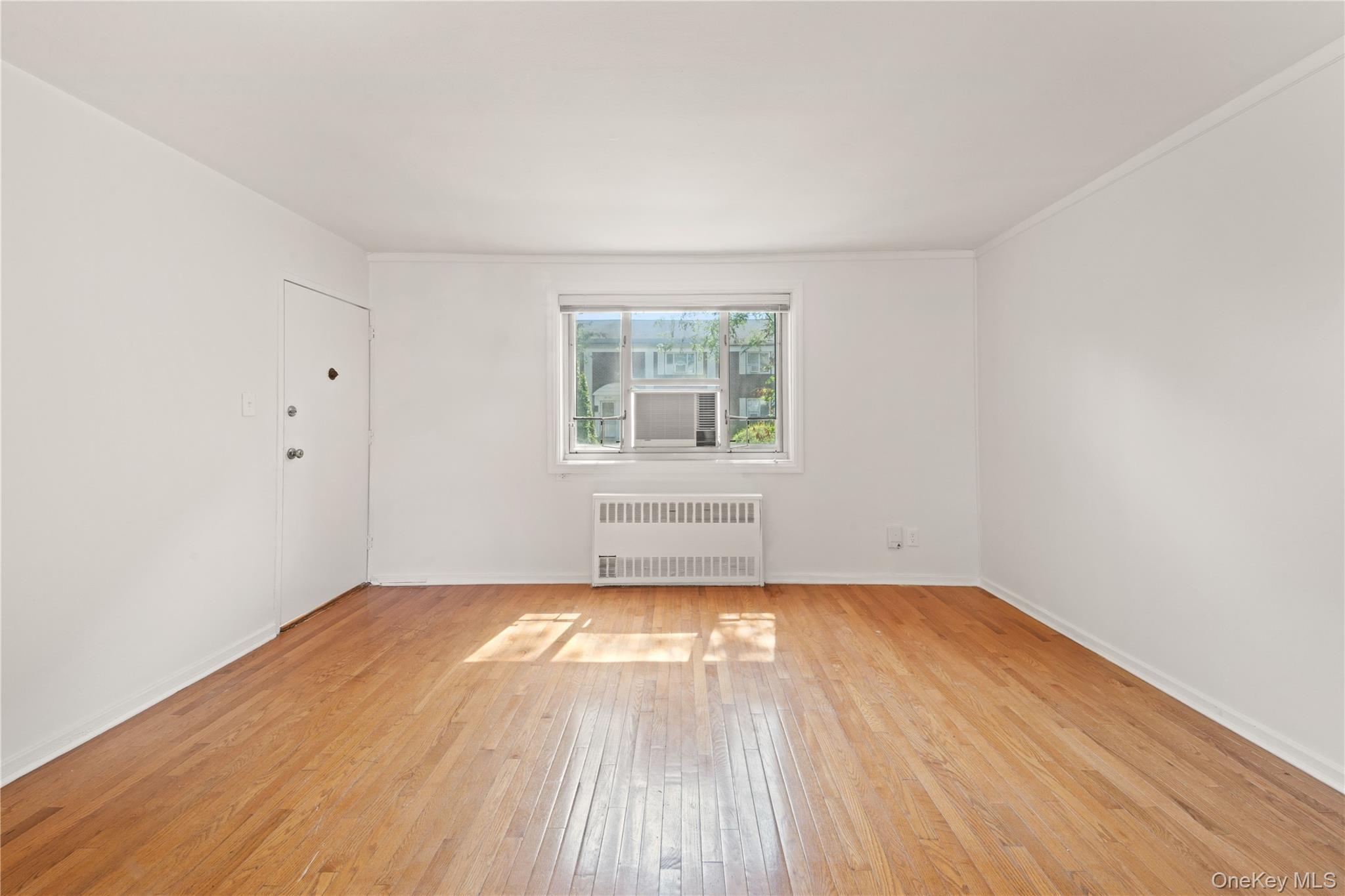 Empty room with radiator heating unit and light wood-style floors