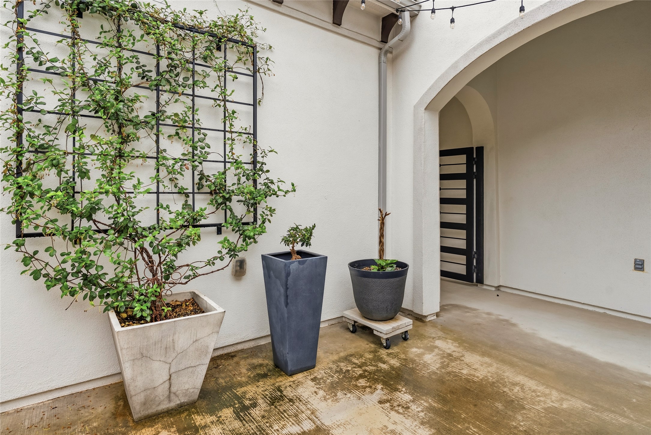 4513 Vieste View Leander, TX 78641 - Photo 6 of 40 White stucco exterior featuring an arched entryway and a black metal trellis with greenery