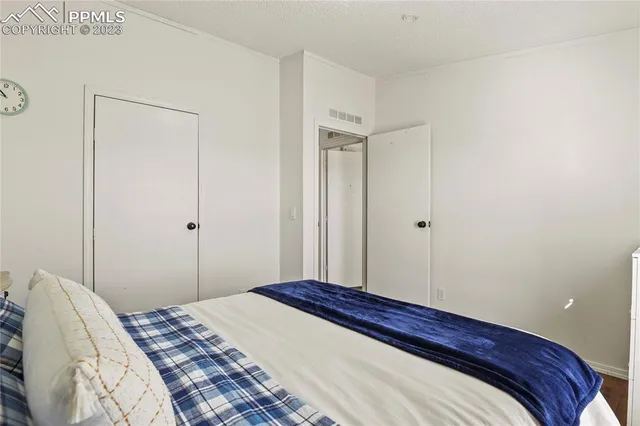 a bedroom with a bed and a closet