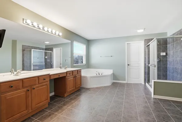 a large bathroom with a double vanity sink a large mirror and a bathtub