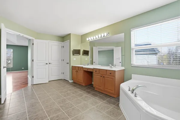 a bathroom with a tub a sink a mirror and a shower