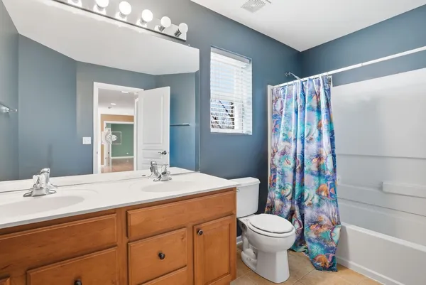 a bathroom with a sink a toilet and shower curtain