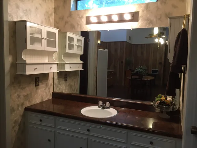 a bathroom with a sink and a mirror