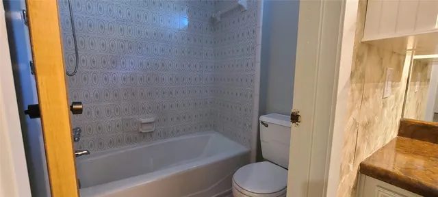 a bathroom with a toilet and a bathtub