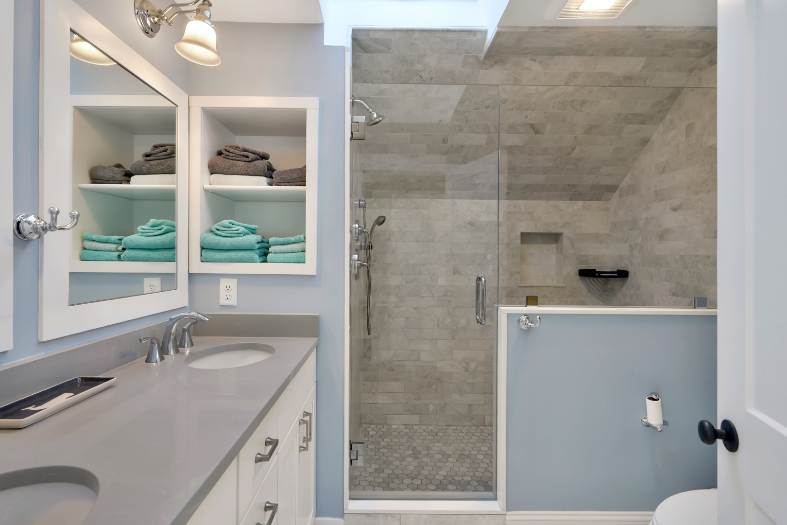 7 Meetinghouse Village Way Edgartown, MA 02539 - Photo 16 of 27 a bathroom with a sink vanity granite toilet and a shower