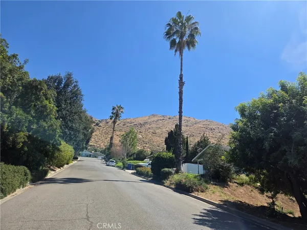 a view of a house with a yard and palm tree