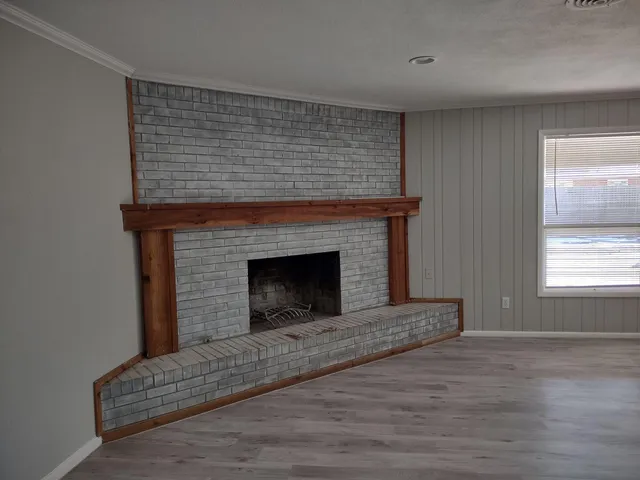 a living room with a fireplace