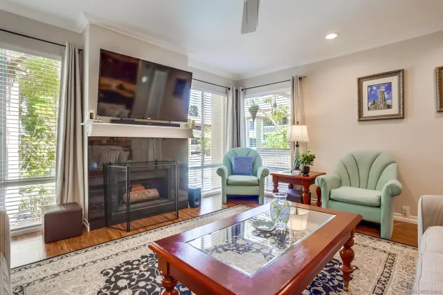a living room with furniture a flat screen tv and a fireplace