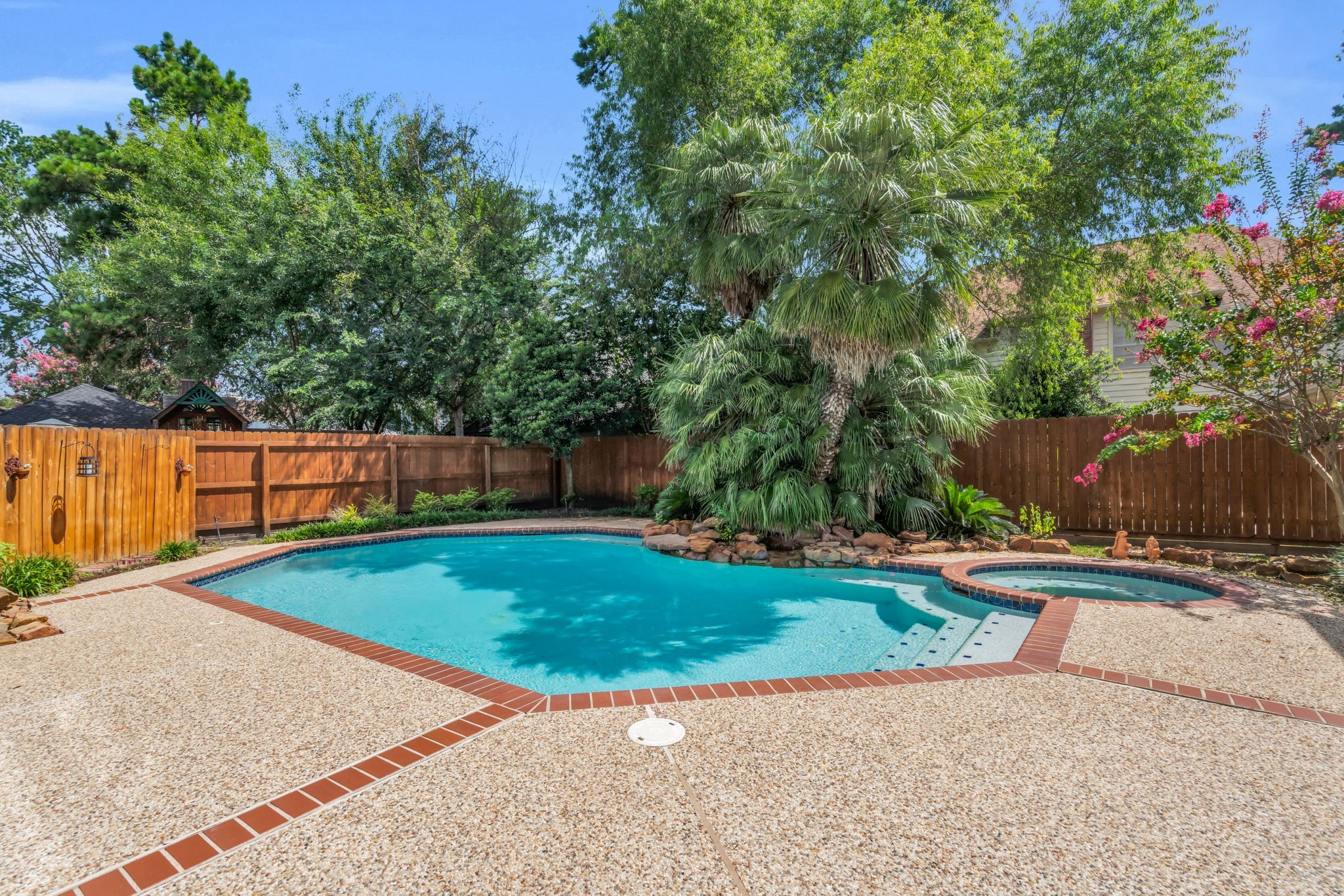 17302 Chagall Lane Spring, TX 77379 - Photo 34 of 44 Private tropical backyard with a sparkling pool, cascading rock waterfall, relaxing spa, mature palm trees