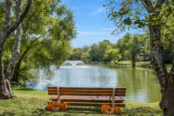a view of a lake with wooden stairs and bench