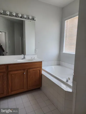 a bathroom with a tub sink and mirror