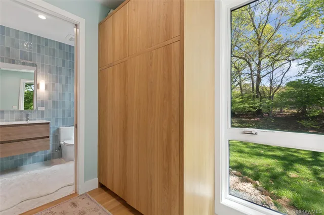 a view of a bathroom from a window