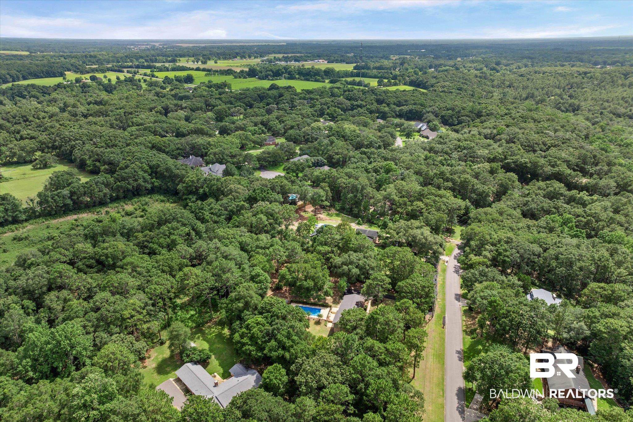 8301 Fordham Road Mobile, AL 36619 - Photo 48 of 57 Expansive aerial landscape highlighting a verdant treeline and scattered residential properties, featuring a private swimming pool and paved roadways