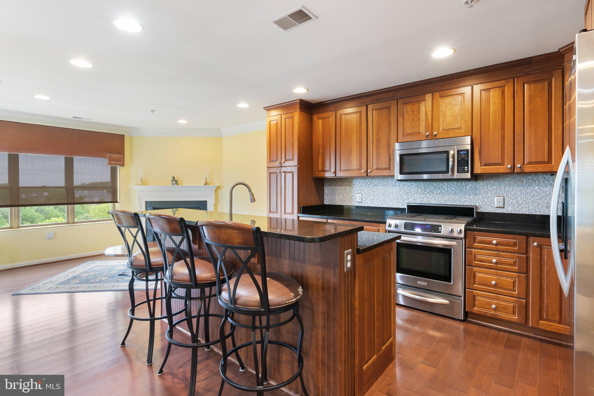 12236 Roundwood Road, Unit 609 Lutherville-Timonium, MD 21093 - Photo 1 of 40 a kitchen with stainless steel appliances granite countertop wooden cabinets a stove top oven a sink and a dining table with garden view