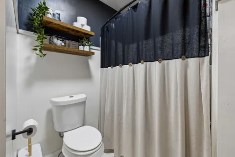 a bathroom with a toilet a sink and a shower curtain