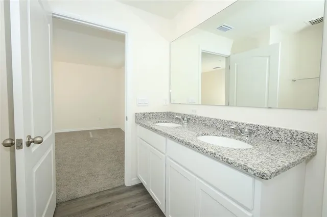 a bathroom with a granite countertop sink and a mirror