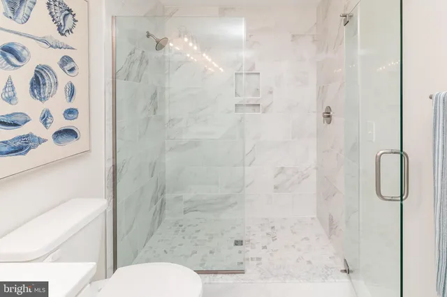 a bathroom with a shower and toilet