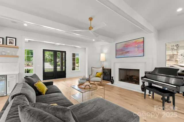 a living room with furniture or couch and a fireplace