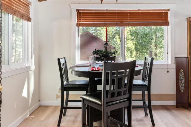 a view of a dining room with furniture window and wooden floor
