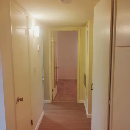 a view of a hallway with wooden floor