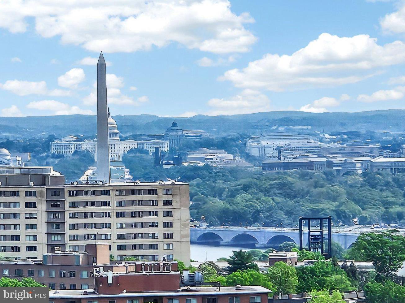 Actual view of iconic monuments and Potomac River.