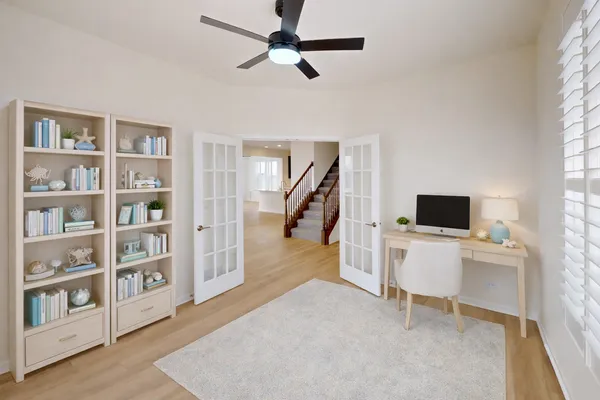 a workspace with a bookshelf
