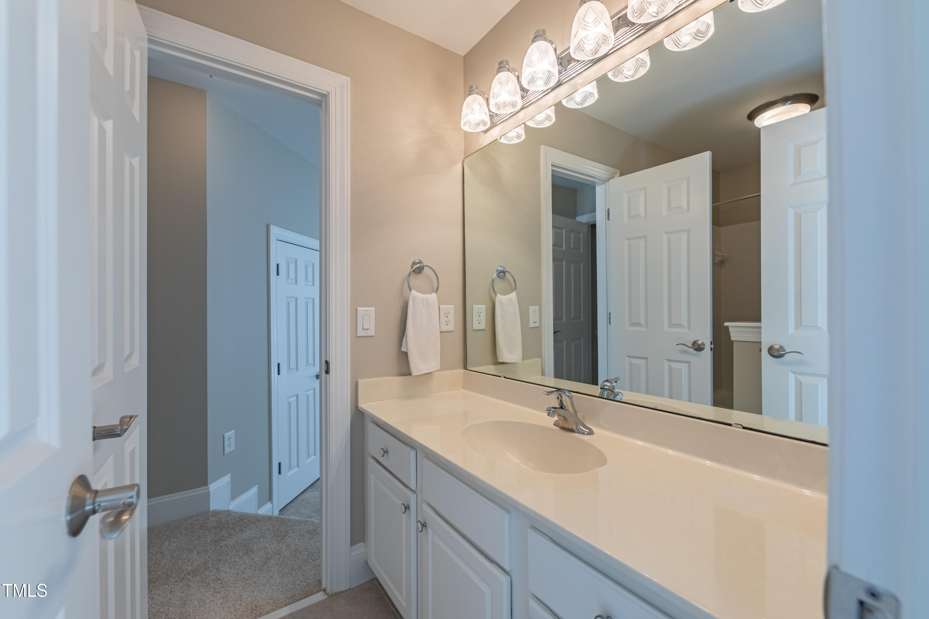 1408 Goldengate Court Raleigh, NC 27613 - Photo 38 of 64 a bathroom with a double vanity sink and a mirror