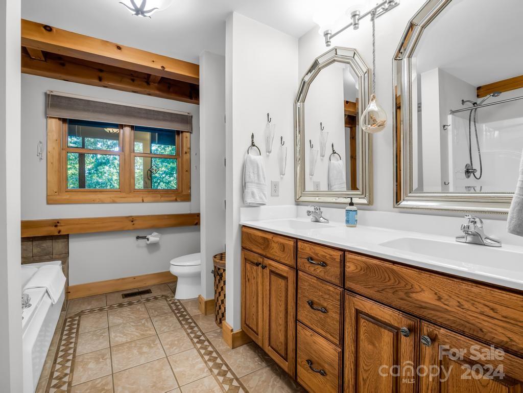 1065 South Cove Road Mill Spring, NC 28756 - Photo 16 of 48 a bathroom with a sink a mirror and a bathtub next to a window