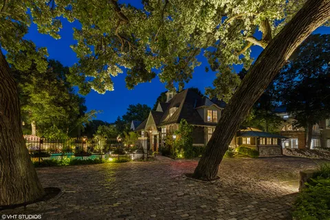 a view of a park with large trees