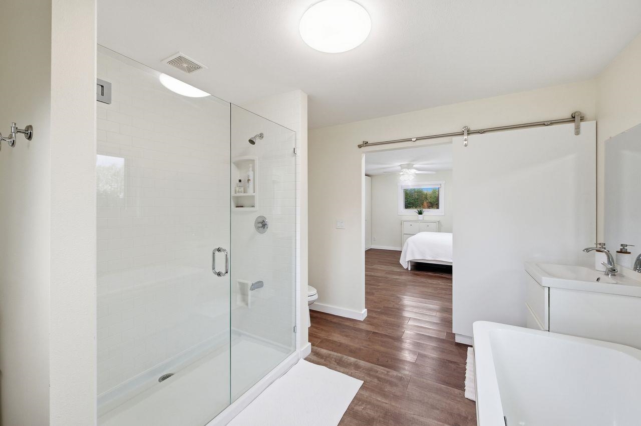64903 Charles Johnson Road Ashland, WI 54806 - Photo 20 of 52 Bathroom with vanity, a stall shower, ensuite bathroom, dark wood finished floors, and ceiling fan