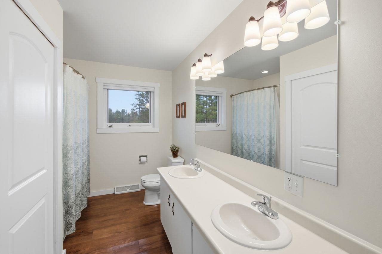 64903 Charles Johnson Road Ashland, WI 54806 - Photo 30 of 52 Bathroom featuring double vanity, dark wood-type flooring, and a shower with shower curtain
