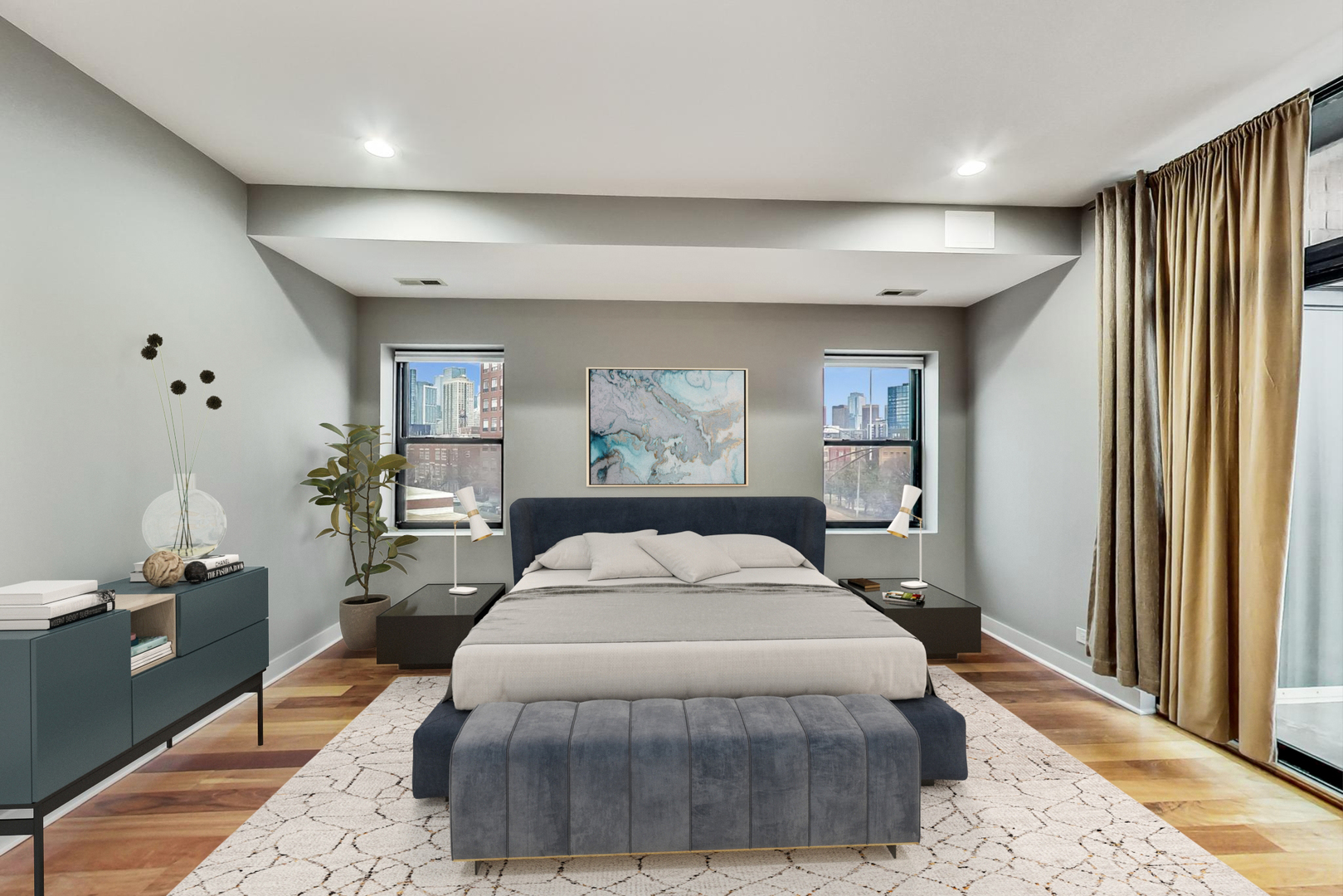 651 North Milwaukee Avenue, Unit 304 Chicago, IL 60642 - Photo 12 of 33 a spacious bedroom with a large bed and wooden floor