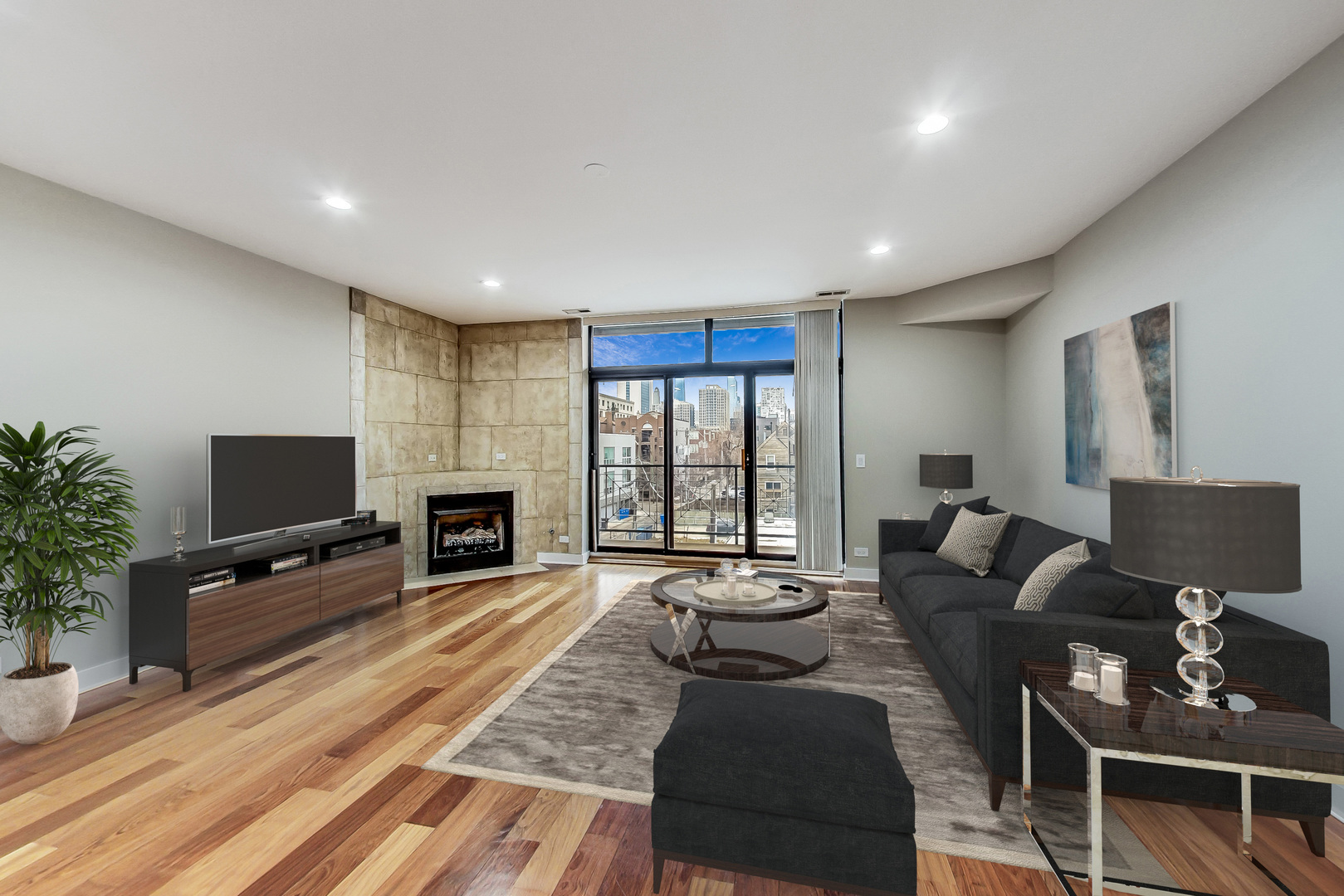 651 North Milwaukee Avenue, Unit 304 Chicago, IL 60642 - Photo 4 of 33 a living room with fireplace furniture and a flat screen tv
