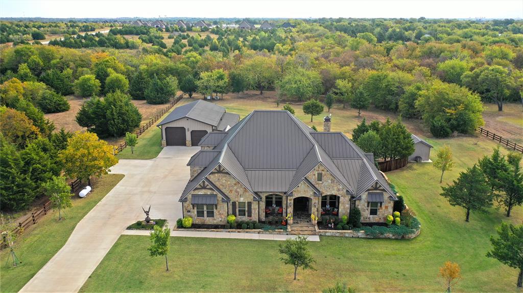 an aerial view of a house with swimming pool and lake view