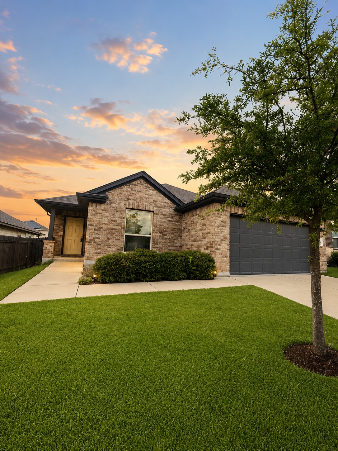 187 Limerick Road Buda, TX 78610 - Photo 1 of 18 A well-kept lawn and mature tree enhance the curb appeal of this charming brick home at sunset.
