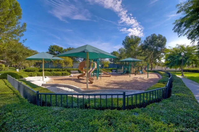 a garden view with a seating space